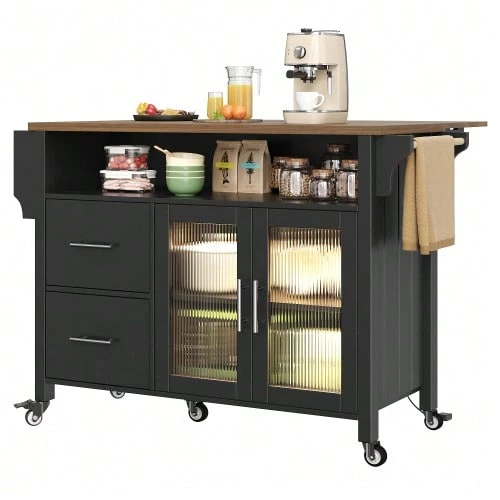 Kitchen Island With Removable Partitions, Dining Trolley With Worktop, Sideboard, Dining Trolley With Wood-Grain Glass Display Case, Side Towel Rack With Casters, Black - Black - View 1