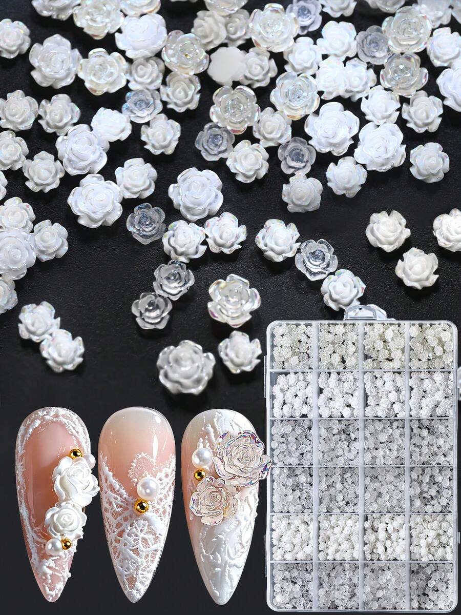 200+ 24 Grids 3D White Camellia Rose Nail Art Decorations - Mixed Transparent/Matte Flower Beads For Wedding Party- Luxury Jewelry Nail Charms For French Manicure