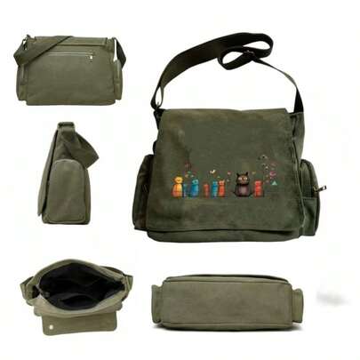 Whimsical Cat Family Print Canvas Messenger Bag, Vintage Military Green Distressed One Shoulder Crossbody Bag