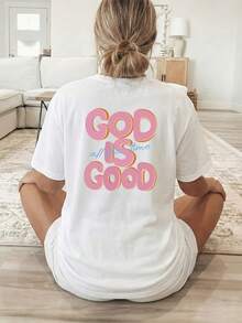 Minimalist. 100% Cotton. 1pac2026 New Arrival Summer [Double-Sided Print] Women's T-Shirt, Short Sleeve, Round Neck, Casual Top, 3D Pink Print With The Words "GOD IS GOOD", Breathable Fabric Machine Washable, Suitable For All Seasons, Comfortable Short Sleeve In Pure Cotton. Spring Summer Top - 白色 - 查看 2