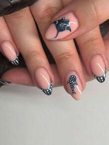 24pcs Summer Starfish & Mushroom Nail Stickers, Oval Nails, Vibrant Summer Style Combining Coral Pink, Mint Green, Starfish & Mushroom Elements, Glossy, Full Coverage Oval Nails, Suitable Beach, Commute, Party, Work And Other Occasions Women! - 藏蓝色 - 查看 13