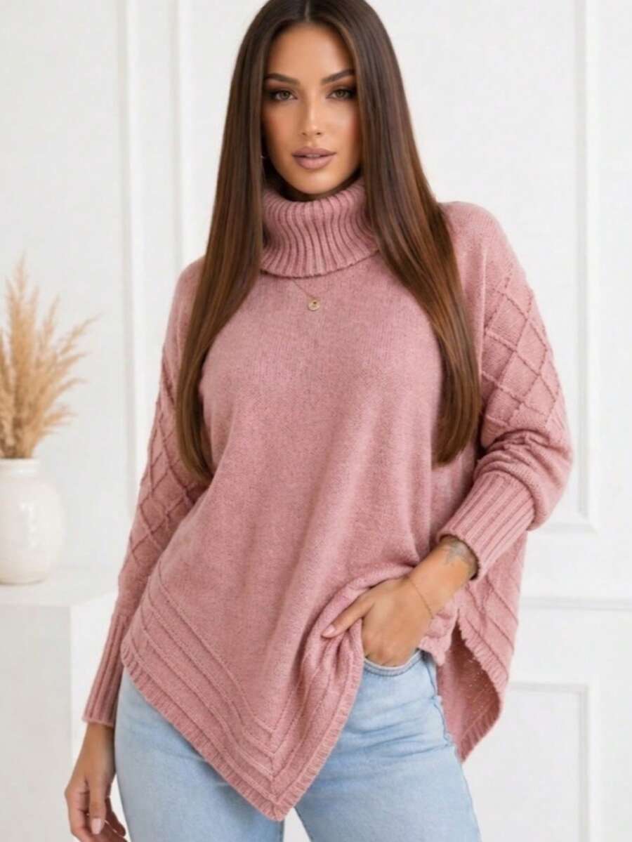 Women's Knitted Blouse With High Neck, Poncho Style, Comfortable And Modern, For Cold Weather. - Rosa - Ver 1