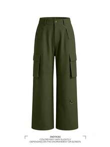 Pantalon cargo droit vert olive à taille élastique avec poches, style vintage élégant Y2K, décontracté et mignon, sans stretch. Polyvalent pour le streetwear, l'aéroport, la rentrée scolaire, la remise des diplômes, la fête des enseignants, Thanksgiving, le club, l'anniversaire, les festivals de musique, la salle de sport, les sorties en plein air, le bureau, le printemps, l'été, l'automne et l'hiver. - Militaire verte - Voir 6