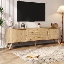 حامل تلفزيون بتصميم شكل البازلاء مع تصميم أخاديد رأسية، 2 باب انزلاقي + 2 درج، أرجل من الخشب الصلب، مظهر خشبي، مادة MDF، بطراز إسكندنافي حديث - كاكي - مشاهدة 2