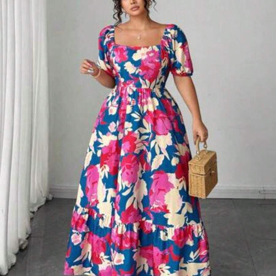 Plus Size Women's Summer New Retro Floral Print Mid-Length Dress, European And American Fashion Seaside Resort Style, French Chic Elegant Elegant Charm Squared Neckline Waist Slimming Flared Hem Maxi Dress - Multicolor - Ver 1