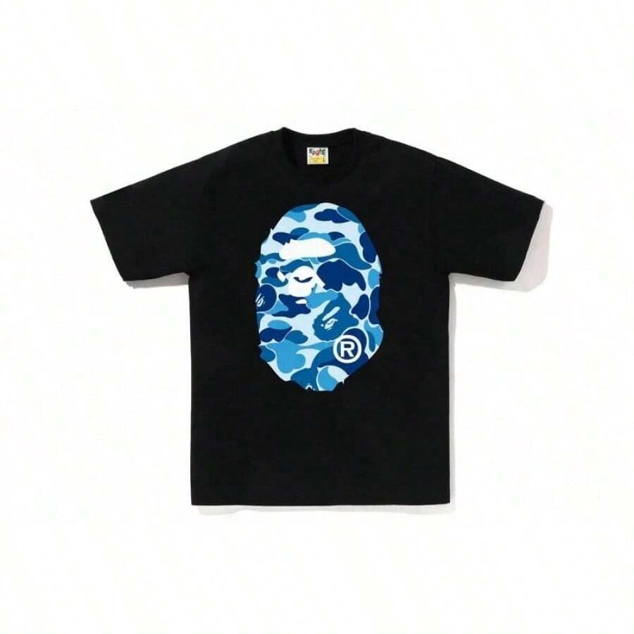 Versatile Fit Men's T-Shirt, Breathable Cotton T-Shirt For Men, Graphic Tee For Men - Black With Blue Mask Print - Lightweight Summer Top For Everyday Use And Themed Events - Breathable Crew Neck Tee - Must-Have Casual Streetwear, Event Wear, Bold Print Top, Relaxed Fit, Street Style, Design, Soft Material, Printed Top, Young Adults 100% Cotton, 220g Fabric, Gift For Dad Christmas Gift 100% Cotton T-Shirts Feature, A Youthful And Fashionable Design, Graphic Tees Men, Graphic Tees Women, Matching Parent-Child Outfits - màu đen - Xem 1
