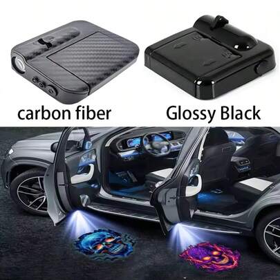 2 Piezas de Luces LED Inalámbricas para Puerta de Coche, Proyectores de Sombra con Patrón de Calavera Recargables, Luces de Cortesía Fantasma para Automóviles, Instalación sin Perforación, Ajuste Universal para Todos los Coches, SUV y Camiones, Requiere 6 Pilas AAA (No Incluidas)
