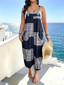 Women's Lightweight Casual Loose Fit Jumpsuit, Suitable For Beach, Daily Commute, Home, Street Style, School/Graduation Season, Plaid Pattern, Spring/Summer Elegant - Black and White - View 6