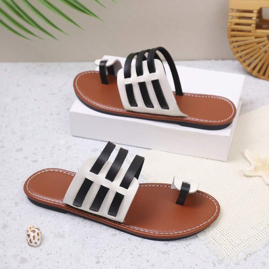 Women's Retro Toe-Ring Flat Sandals, Classic Solid Color & Contrast Color Strap Design, Comfortable Suitable For Outdoor Wear, Summer - Black and White - View 1