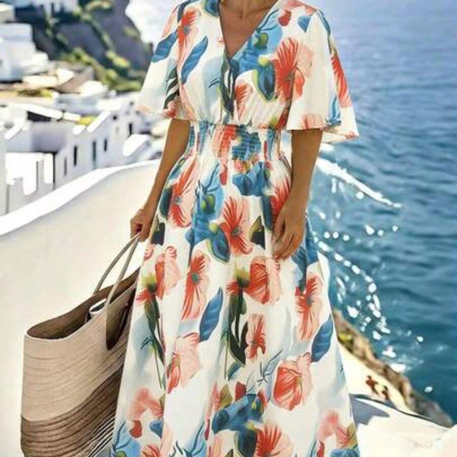 Boho Chic Blue Floral Print Shirred Waist A Line Midi Dress For Women With V Neck And Puff Sleeves - Multicolor - Ver 1