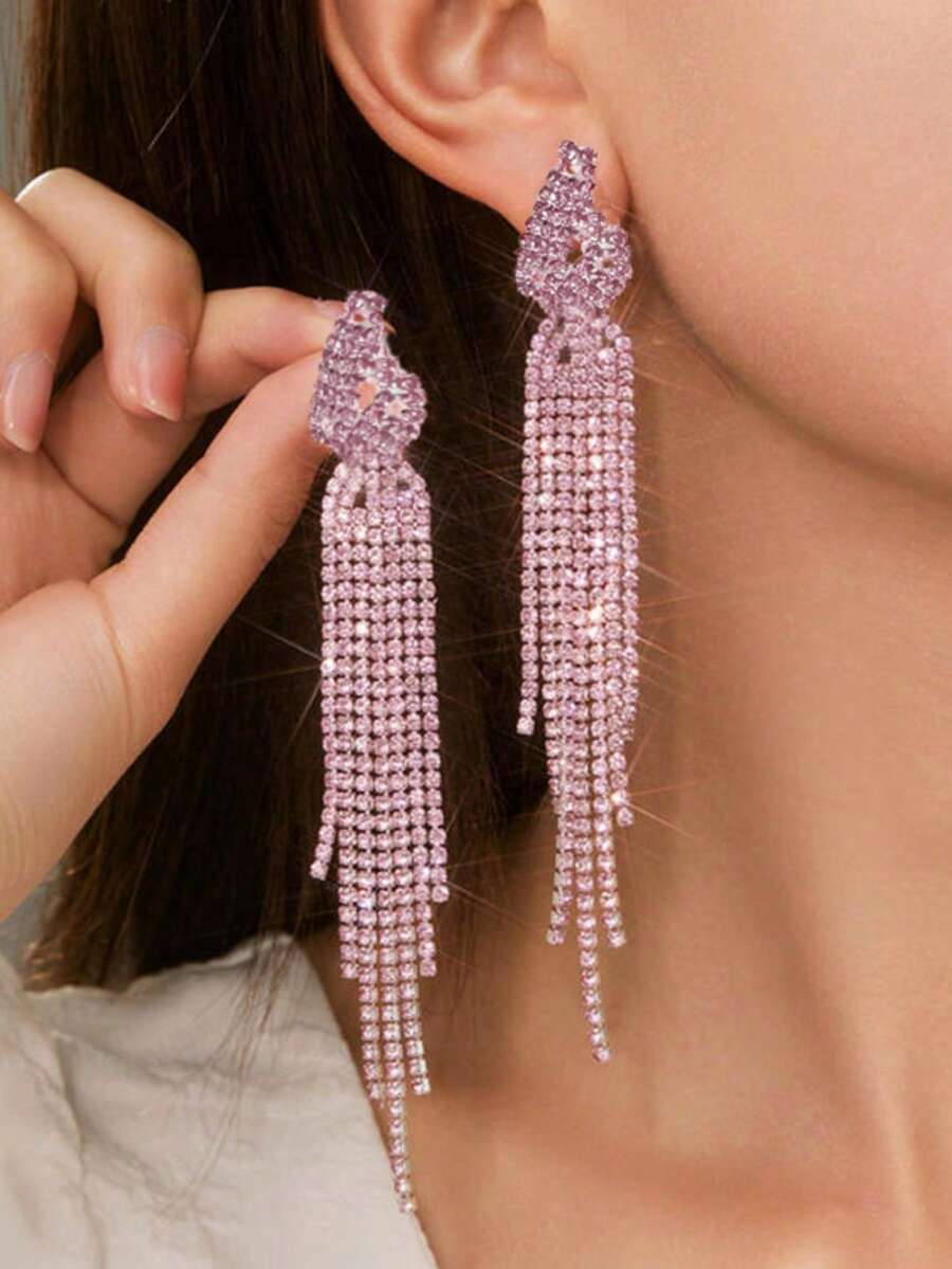 1 par de pendientes largos de borlas completos super brillantes con diamantes de imitación para mujer, adecuados para uso diario - Rosa Pálido - Ver 1