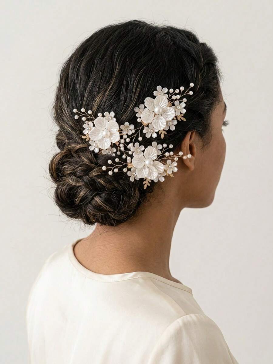 3pcs Elegant Pearl Flower Hair Clips With Rhinestones, Bridal Bridesmaid Hair Accessories For Wedding, Party