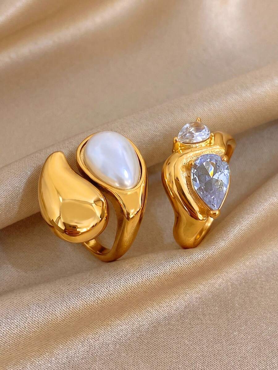 1 pièce Bague en or plaqué 18 carats en acier inoxydable avec perle en forme de goutte d'eau, bague pour femme, bague dorée, bague vintage, convient pour le port quotidien, les rendez-vous, la plage, les bijoux d'été, cadeau pour la fête des mères, Pâques, bijoux de style bohème - Multicolore - Voir 1