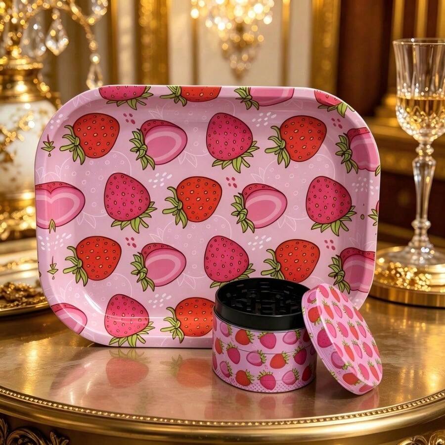 Set de 2 bandejas enrollables con estuche, ¡los amantes de las fresas no pueden perdérselo! Incluye - Molinillo de fresas, bandeja enrollable de tamaño clásico | Kit de accesorios para fumar, para mejores amigas, amigos, chicas y cualquier fumador - Rosa - Ver 1