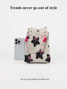 Cute Cartoon Multi-Color Knot Decor Large Capacity Bucket Bag, Handheld Tote, Elegant Multifunctional Travel Handbag, Kawaii - Beige - View 4