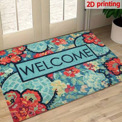 1pc Floral Print Welcome Doormat, Drainage Kitchen Mat, Polyester Rug For Kitchen, Living Room, Entrance, Balcony, Home Decor, Anti-Slip, Coffee Shop, Bar, Holiday, Party, Bedroom, Pet, Bathroom, Room Decor