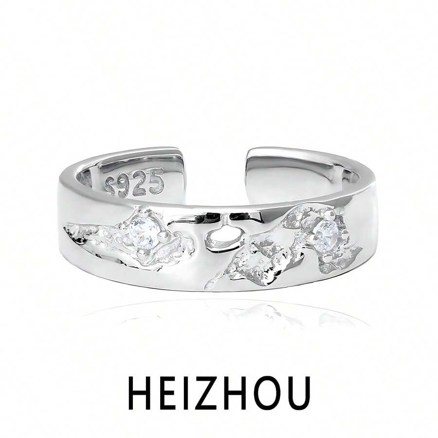 1 chiếc nhẫn bạc S925 có thể điều chỉnh kích thước, thiết kế hở, đính đá Cubic Zirconia, kiểu dáng thanh lịch, phù hợp cho nữ. - Bạc - Xem 1