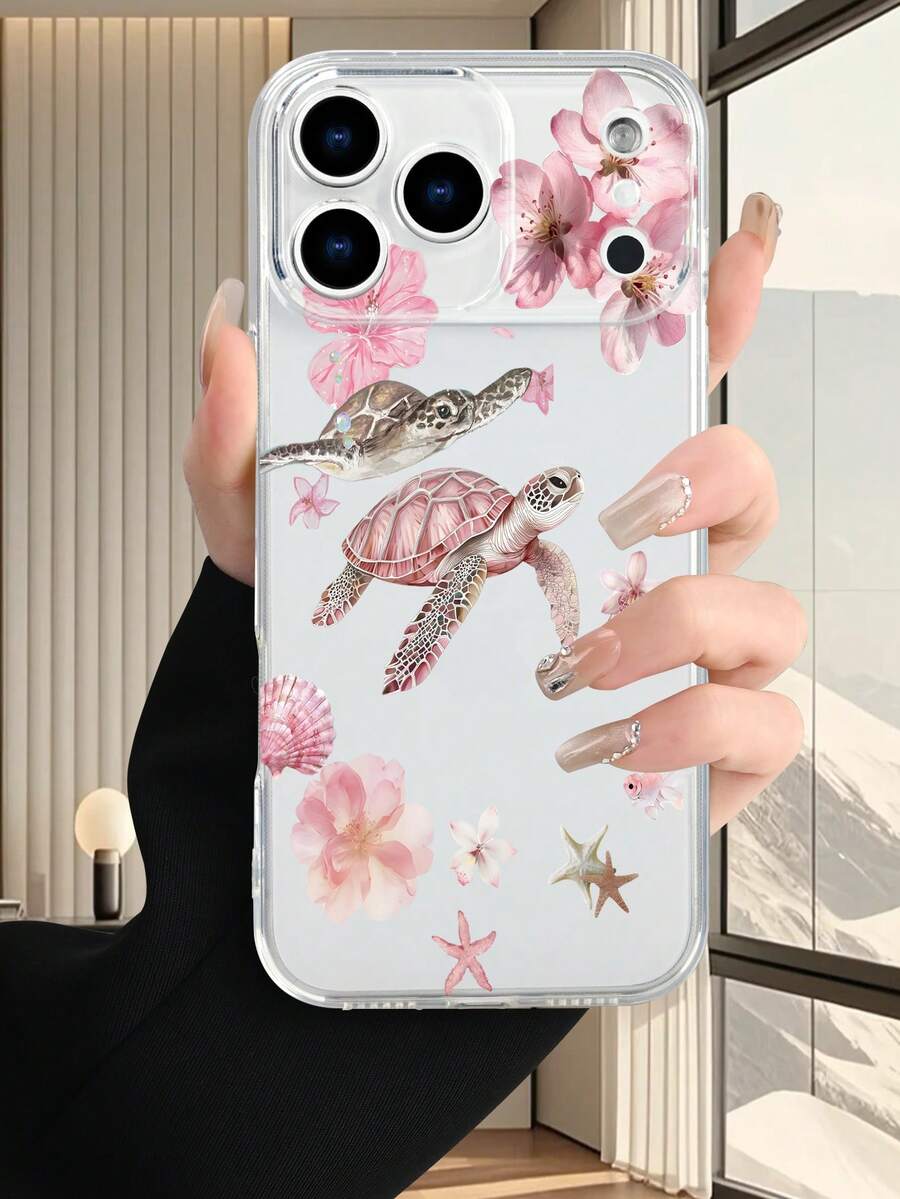 Capa de Telefone Transparente com Estampa de Tartaruga Oceânica Rosa e Sakura, Capa Criativa com Design de Animal Marinho Floral Compatível com iPhone 17, 16, 15, 14, 13, 12, 11 XS, XR, X7/8 Mini Plus Pro Max e Galaxy S26 Ultra/Plus/25/24/23/22/21/20, Presente de Aniversário/Feriado Perfeito para Ela - Transparente - Visão 1