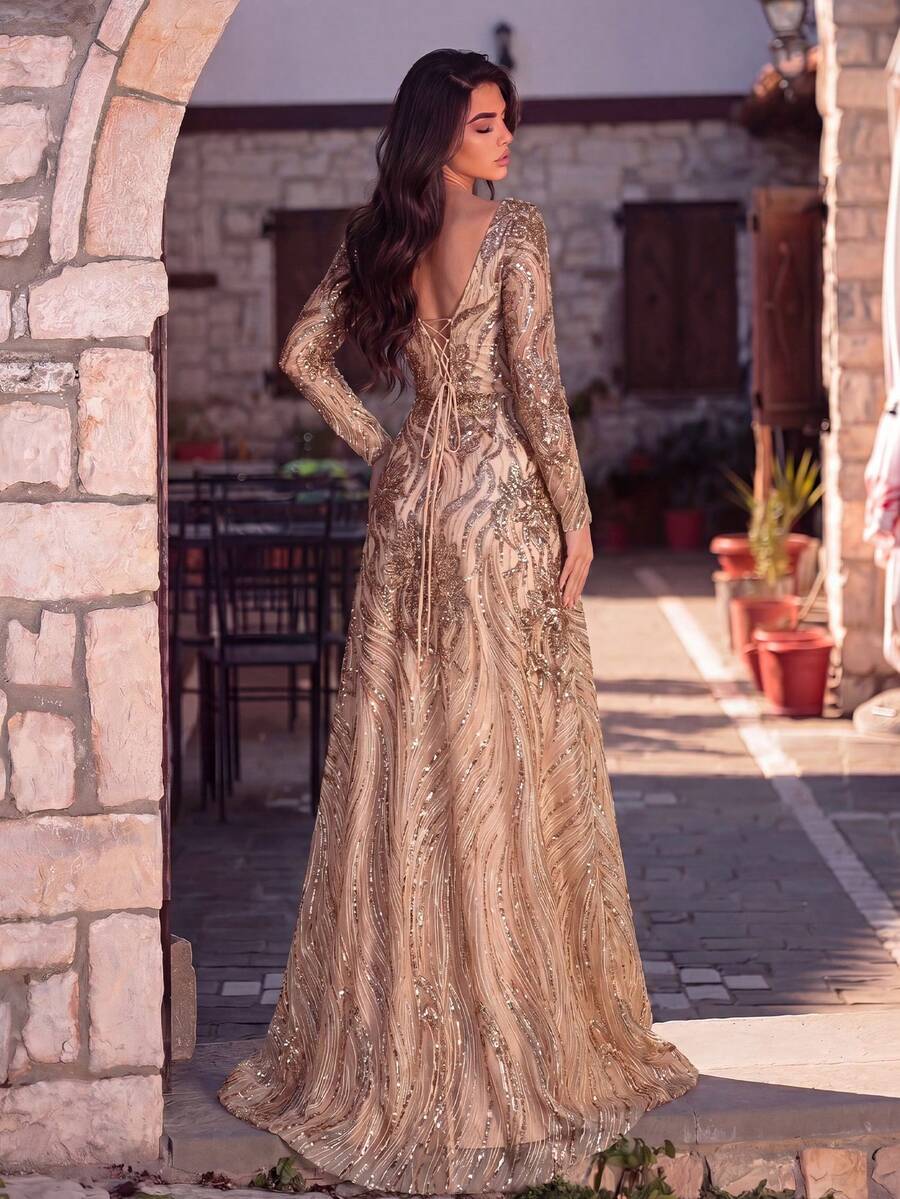 Faeriesty Deep V-Neck Backless Tie Sequin Formal Ball Gown Wedding Elegant Spring Party
