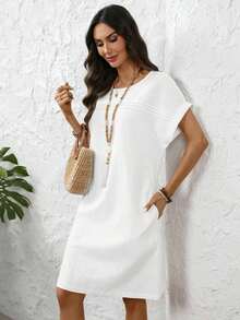 Vestido corto casual de mujer de unicolor con mangas de murciélago - Blanco - Ver 8