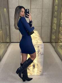 Women's Dress With Elegant Pleated Long Sleeves And Cutout In Suplex Fabric, Sizes 36 To 40, In Solid Colors, Suitable For Winter And Summer, Rodeos, São João Festivals, And Square Dancing. - Navy Blue - View 2