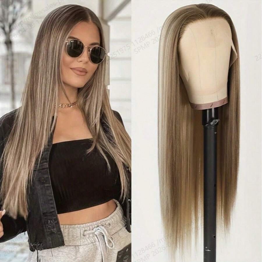 优雅灰棕色金丝挑染蕾丝前假发，适合女性，柔顺直发，13x4 全头合成假发，女士假发，耐热透气，合成纤维材质，自然发际线，适合派对和日常佩戴