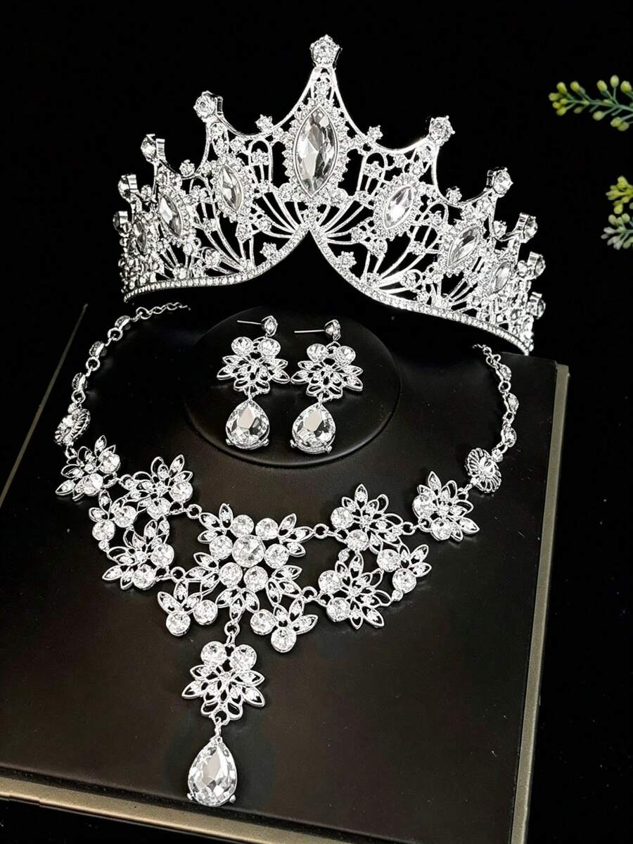 4 pièces Ensemble de couronne de mariée, accessoires de cheveux de couronne de mariage en cristal, ensemble de collier et boucles d'oreilles de couronne vintage, accessoires de photographie pour fête d'anniversaire, couronne, festival, élégant - Blanc - Voir 1