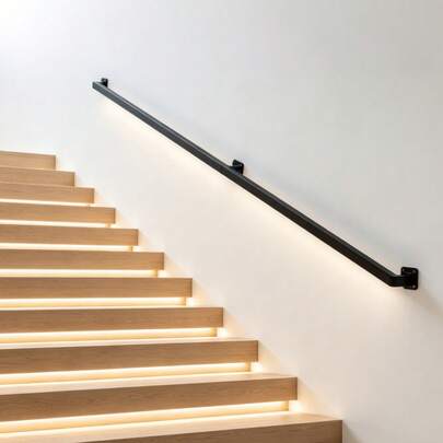 BouPower Heavy Duty Industrial Wall Mounted Stair Railing – Modern Black Metal Handrail For Indoor & Outdoor Stairs – 500lbs Load – Reliable Loft, Porch, Deck, Staircase Support