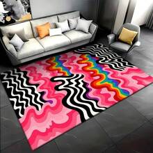 Printed Multi-Size Carpet With Rainbow Wave Pattern, Dazzling Abstract Style, Pink And Black Contrasting Colors, Dynamic Geometric Pattern, Available In Multiple Sizes For Studio And Balcony, Creating A Creative Atmosphere And Space Embellishment - 1PC - View 2