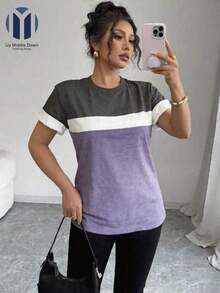 Casual Loose-Fitting T-Shirt With Color Blocks For Summer - Grey - View 2