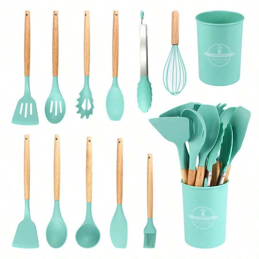 12pcs Silicone Kitchen Utensil Set With Wooden Handles And Storage Canister, Heat Resistant, 5 Colors Suitable For Modern Kitchen