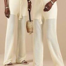Women's Pineapple Lattice Hollow-Out Textured Knit Straight Leg Casual Pants, Vacation Style, Spring/Summer - Albaricoque - Ver 1