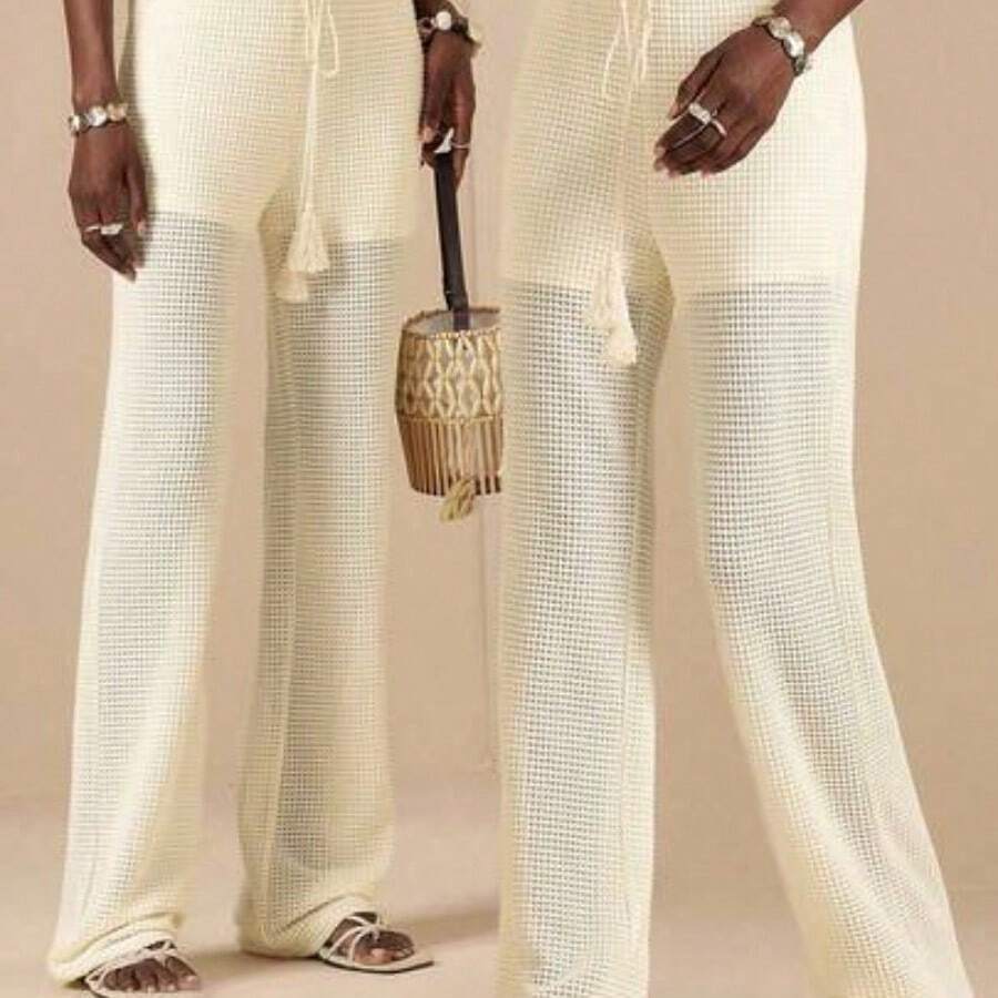 Women's Pineapple Lattice Hollow-Out Textured Knit Straight Leg Casual Pants, Vacation Style, Spring/Summer - Albaricoque - Ver 1