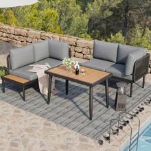 Garden Dining Set, Garden Furniture Set, Corner Sofa + Dining Table, Corner Unit, Galvanized Steel Tubing, Plastic/Wood Tabletop, Grey - Grey - View 5