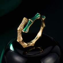 1pc Vintage Luxury 18K Gold Plated Deep Green Zirconia Inlaid Double-Layer Criss-Cross Bamboo Node Adjustable Ring, Suitable For Daily, Party, Wedding, Vacation Wear, Exquisite Gift - Dark Green - View 2