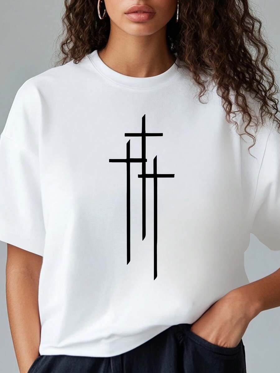 Loose Fit T-Shirt - Hymn Lyrics Print - Premium Cotton T-Shirt - For Choir, Church Services, Choir, Evangelist Meeting, Gospel, Summer Camp, Good Friday, Easter, Costumbrista Procession - 白色 - 查看 1