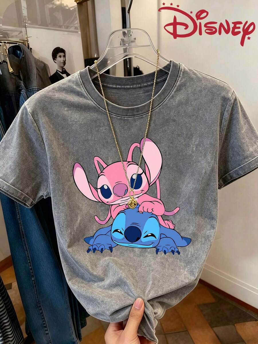 Disney Lilo & Stitch Cartoon Printed Washed Cotton Crew Neck Loose Short Sleeve T-Shirt, Y2K Aesthetic, Youthful Design, Ideal For Daily Wear, Street Style, Outdoor Activities & Party Occasions - Xám - Xem 1