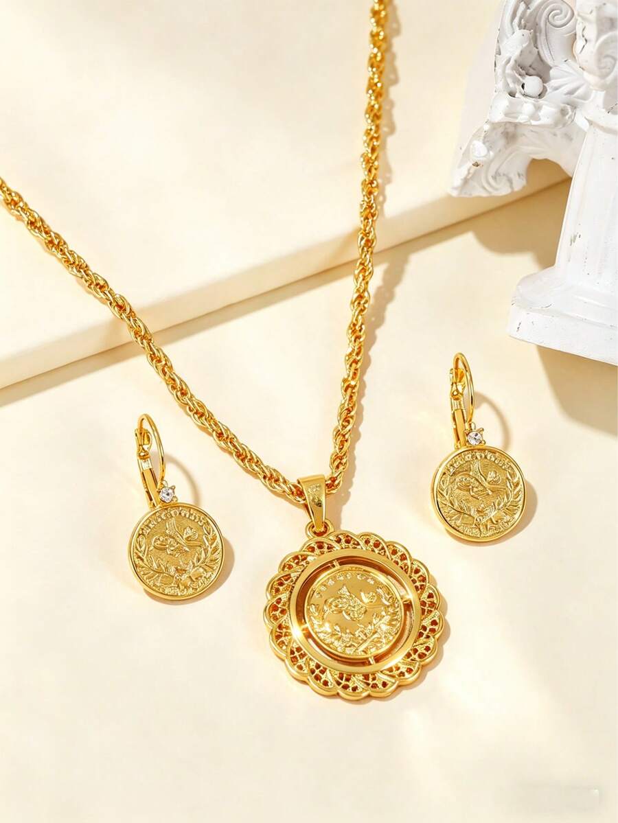 2pcs 22K Gold Plated Women's Necklace And Earrings Set, Luxury Vintage Style, Bridal Wedding Accessories, Turkish Coin Inspired, Minimalist Elegant, Suitable For Wedding - Gold - View 1