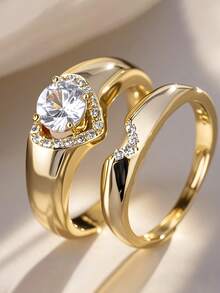 2pcs Luxurious Cubic Zirconia Stone Rings, Suitable For Women, Ideal For Weddings, Engagements, Anniversary Parties, Valentine's Day Gifts - Yellow Gold - View 7