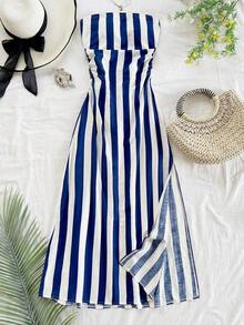 Vestido largo con corte evasé, estampado de rayas verdes y blancas, con diseño de tirantes al cuello y espalda descubierta, con cintura anudada, para vacaciones en una isla tropical - Azul y blanco - Ver 7