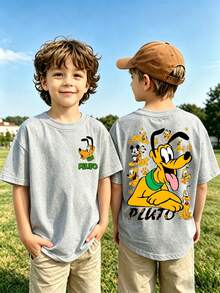 Disney Licensed Children's Printed T-Shirt, Featuring Mickey Mouse Family Member Pluto Pattern Print T-Shirt. Fun, Lively, Comfortable, And Breathable, Suitable For Wearing During Playtime And Vacations, Suitable For Boys And Girls. - Xám - Xem 1
