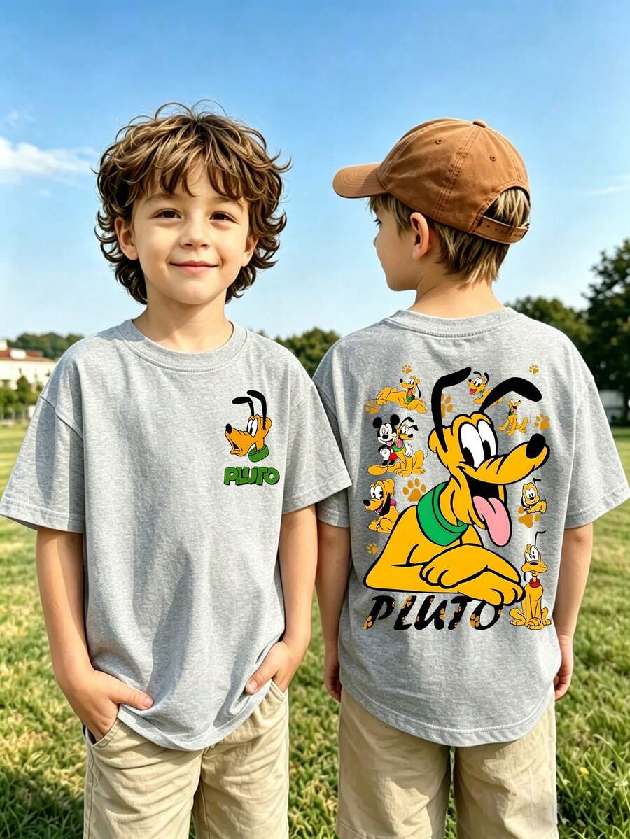 Disney Licensed Children's Printed T-Shirt, Featuring Mickey Mouse Family Member Pluto Pattern Print T-Shirt. Fun, Lively, Comfortable, And Breathable, Suitable For Wearing During Playtime And Vacations, Suitable For Boys And Girls. - Xám - Xem 1