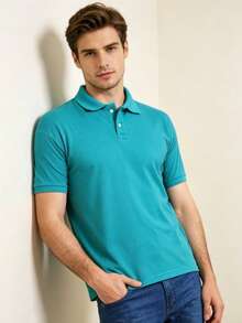Men's Basic Short-Sleeve Polo Shirt, Breathable Cotton, Casual, Stylish, Various Colors - 青碧色 - 查看 2