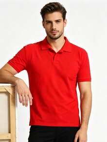 Men's Basic Short-Sleeve Polo Shirt, Breathable Cotton, Casual, Stylish, Various Colors - 紅色 - 查看 3