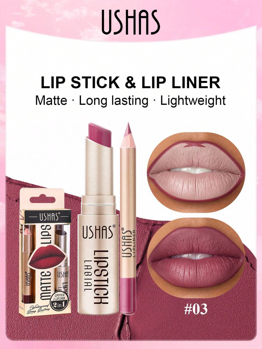 Conjunto de Batom + Lápis de Contorno Labial USHAS, 11 opções de cores, longa duração, à prova d'água, batom nude, maquiagem hidratante e natural, embalagem dourada, adequado para todos os tons de pele.