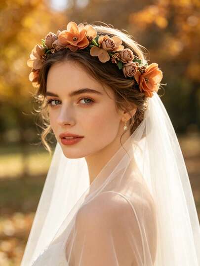 1pc Elegant Rose Flower Boho Bridal Wreath, Romantic Wedding Headpiece