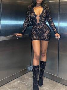 Vestido sexy de encaje de color liso con cuello bajo y manga larga calado con envoltura en la cadera para mujer, vestido ajustado para mujer - Rosa - Ver 2