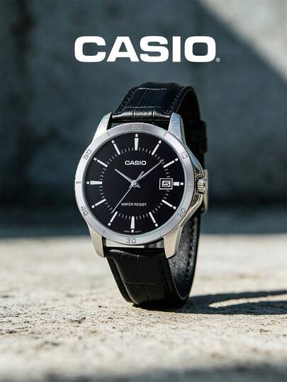 Casio Herren-Analog-Armbanduhr MTP-V004L-1A mit schwarzem Lederarmband, silbernem Gehäuse, rundem Zifferblatt, Stabindizes, Datumsanzeige und Wasserdichtigkeit – zeitloser Business-Stil für Büro, Vorstellungsgespräch, Abendessen, Reisen, Vatertag, Studienabschluss, Jahrestag – das perfekte Geschenk für ihn