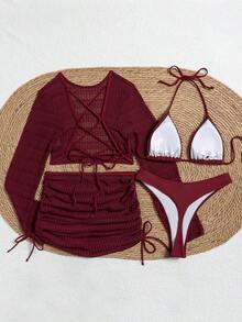 Conjunto de bikini sexy con malla para mujer  2026 4 piezas color negro, top triangular, parte inferior, blusa manga larga y falda de playa con cordón look ideal para playa, vacaciones, fiestas en la playa y fotos de verano - Rojo - Ver 4