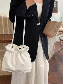 1 Stück minimalistischer weißer Kordelzug Eimer Tasche, Tasche mit weicher Lederoptik, große Kapazität Schultertasche, lässige vielseitige Tasche für Alltag, Arbeit und Einkaufen für Frauen - Weiss - Übersicht 6